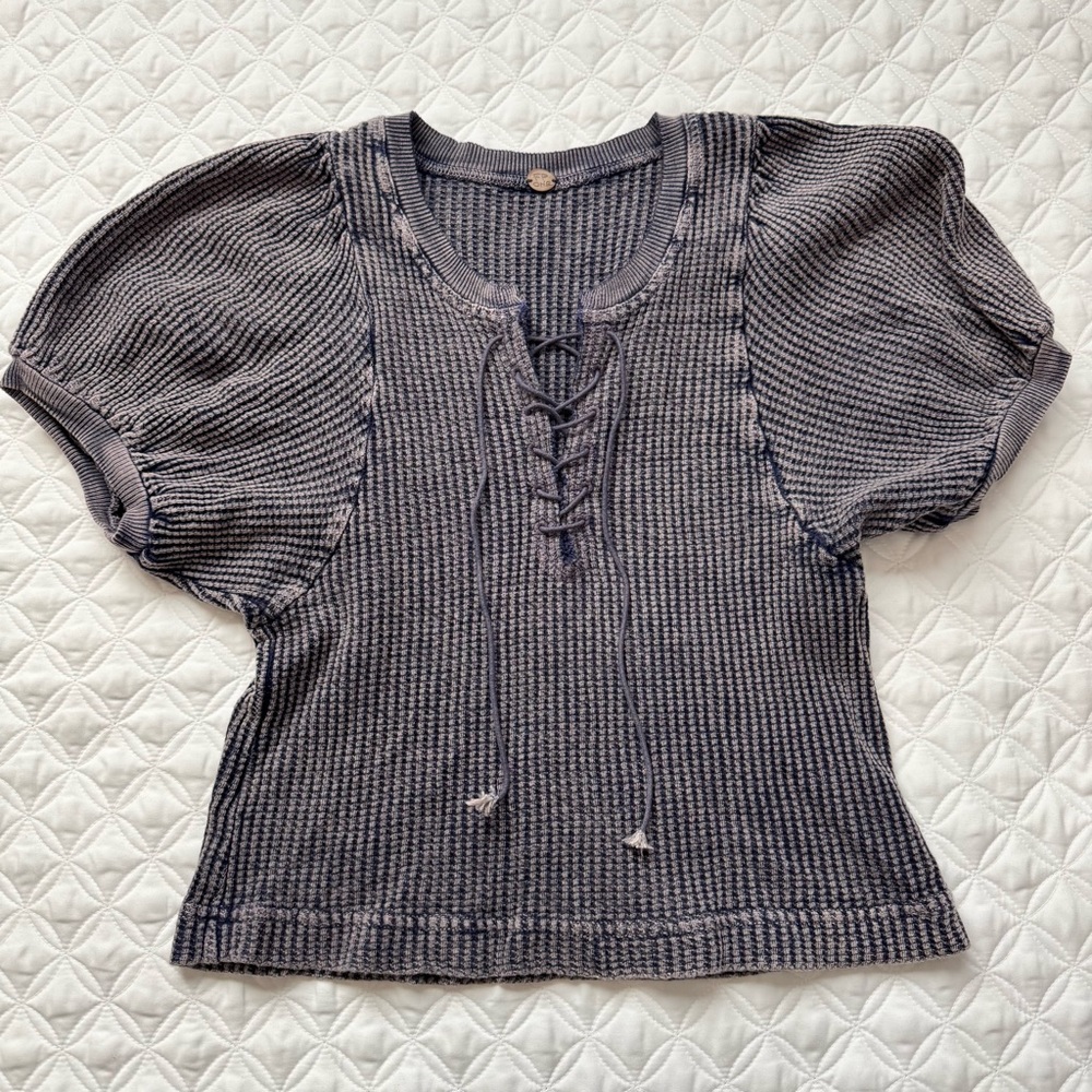 Free People One Hayden Thermal Waffle Knit Short Sleeve Lace Up Top Navy Marin